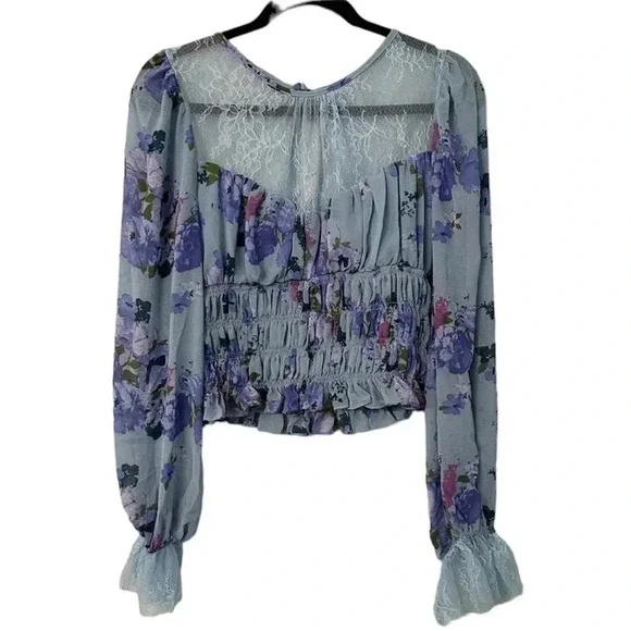 Free People Daphne Blouse Silver Blue Combo Size LG NWT - Picture 2 of 14